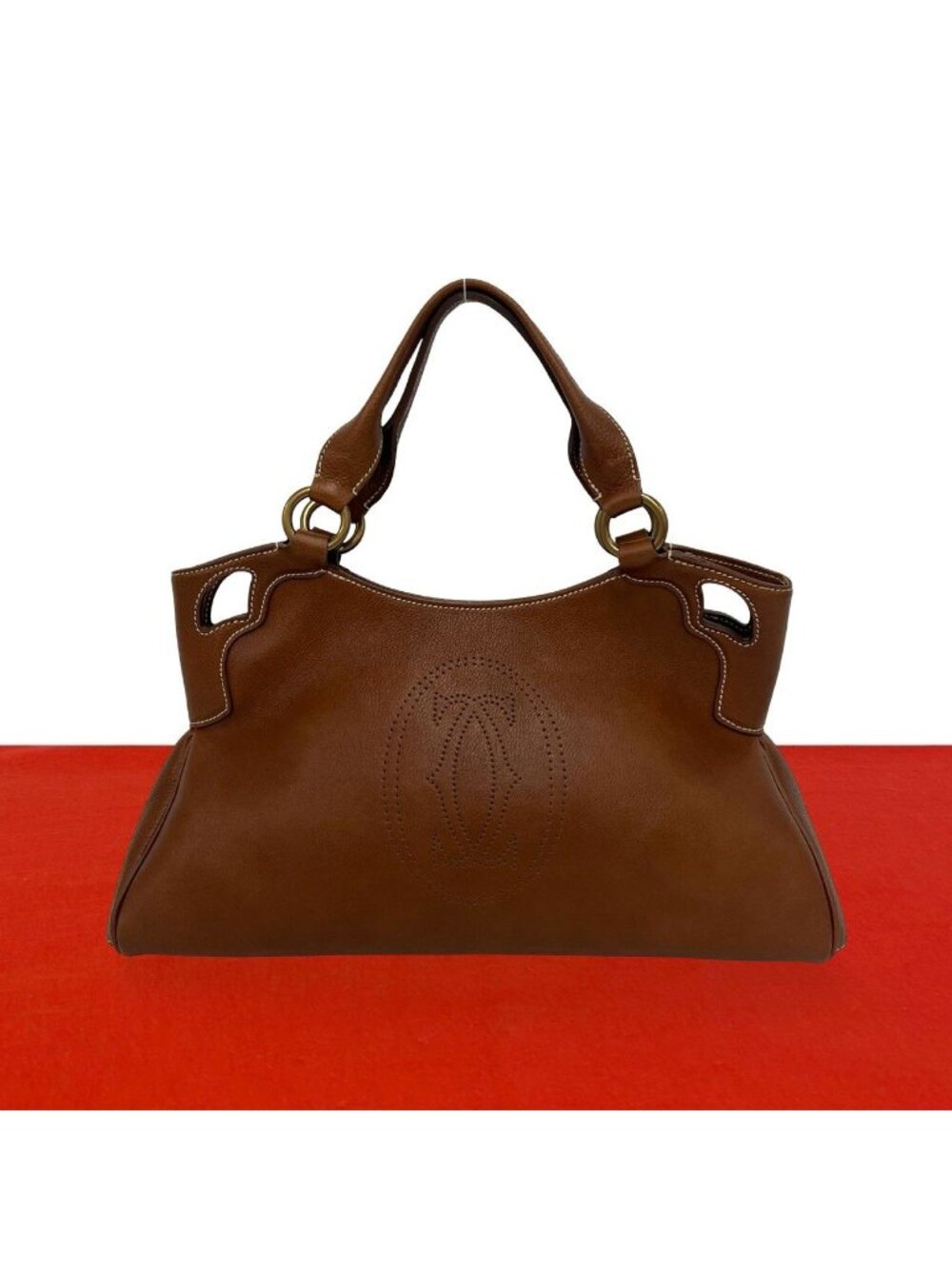 Cartier Marcello Perforated Leather Tote Mini Boston Bag Brown